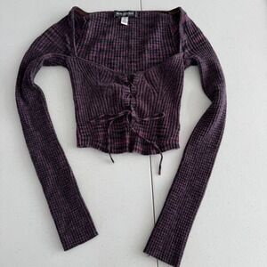 UO Elianna Lace-Up Crop Top‎ Ribbed Lace Up Long Sleeve Purple Black Urban Small